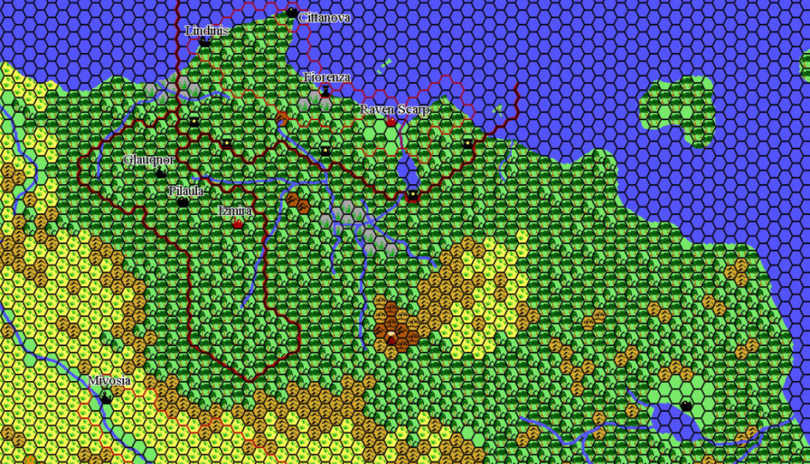 Thyatian Hinterlands Area 1018 AC, 24 miles per hex, by Thibault Sarlat, October 2002