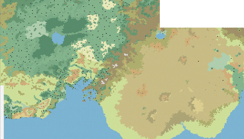 Work-in-progress map of Hule and the Great Waste — from the Savage Baronies to Glantri, 8 miles per hex by Thibault Sarlat, July 2005