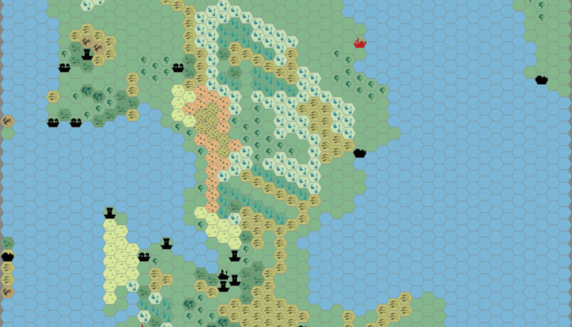 Work-in-progress map of the Isle of Dawn North, 24 miles per hex by Thibault Sarlat, December 2002