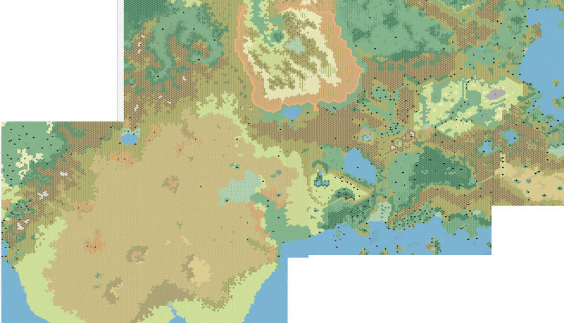 Work-in-progress map of the Known World, the Great Waste, and surrounding lands, 8 miles per hex by Thibault Sarlat, July 2005