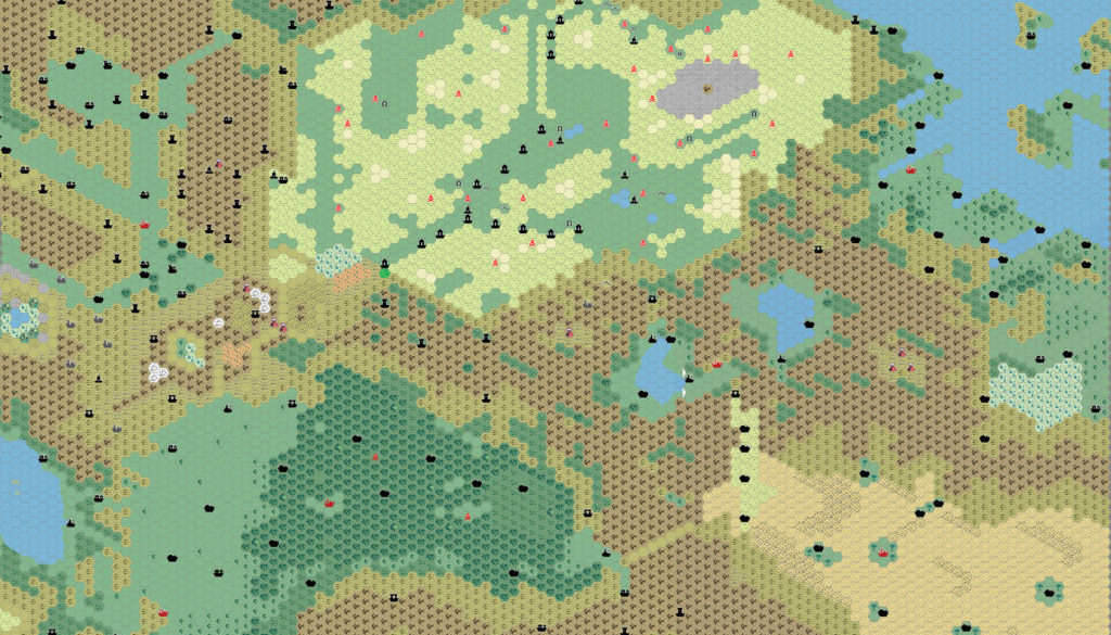 Work-in-progress map of the Northern Known World, 8 miles per hex by Thibault Sarlat, July 2005