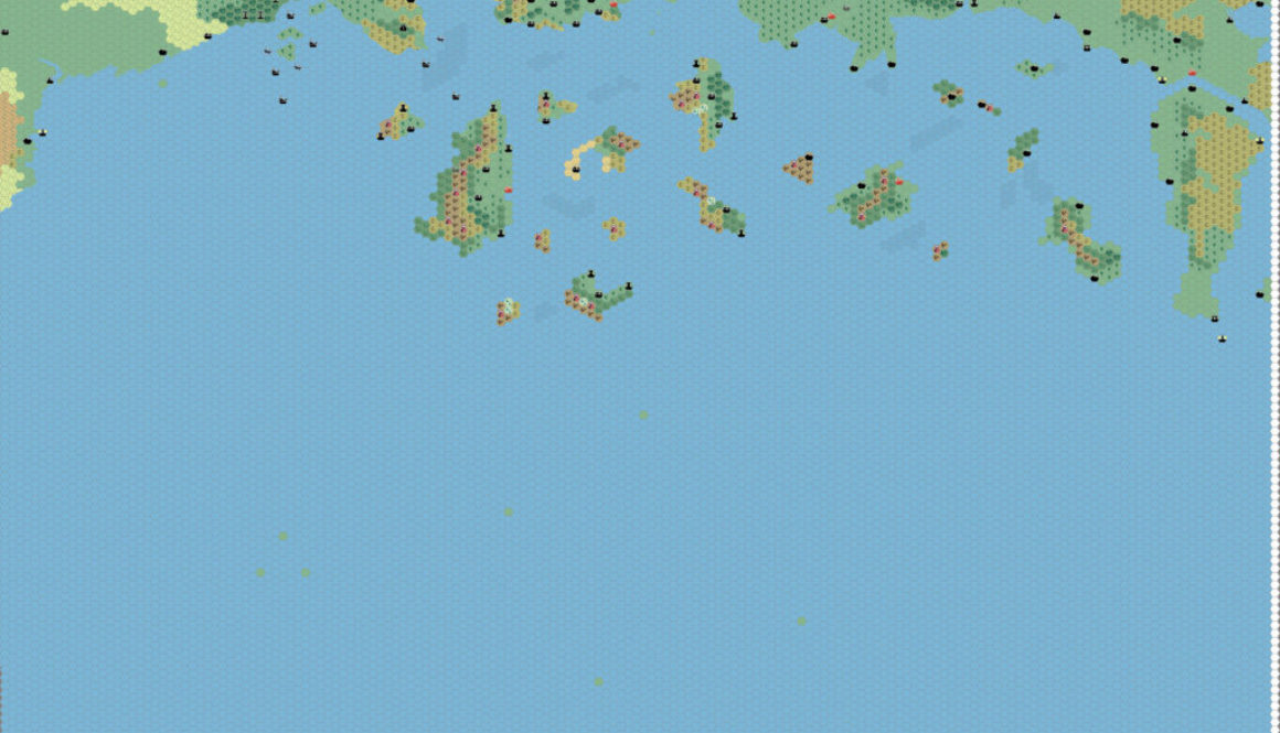 Work-in-progress map of the Southern Known World, 8 miles per hex by Thibault Sarlat, July 2005