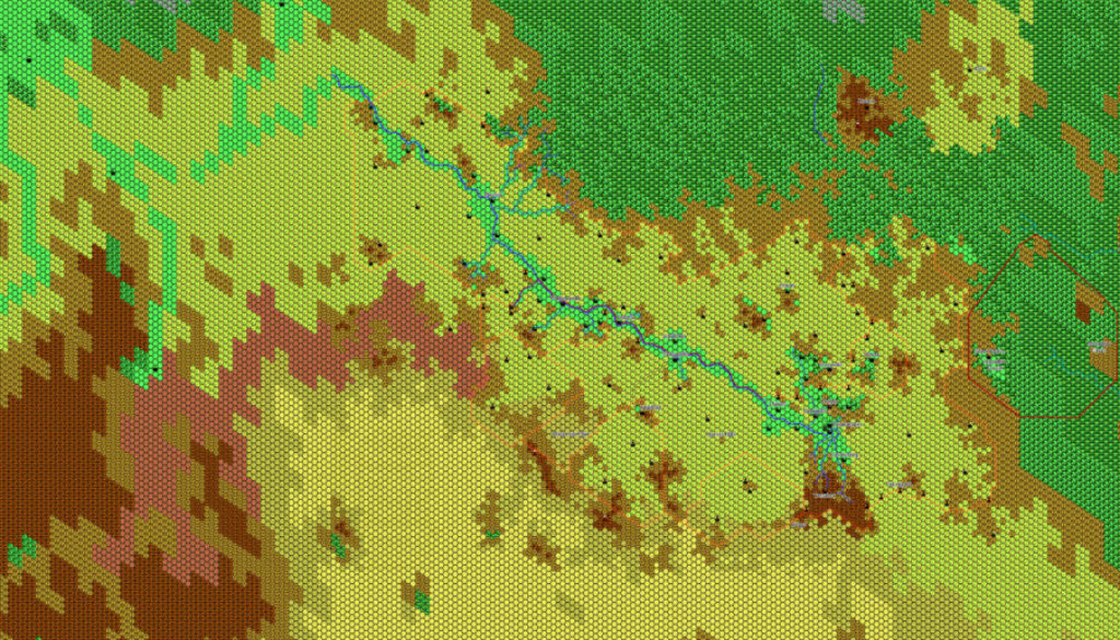 Work in progress map of the Polakatsikes Region 1019 AC, 8 miles per hex by Thibault Sarlat, May 2004