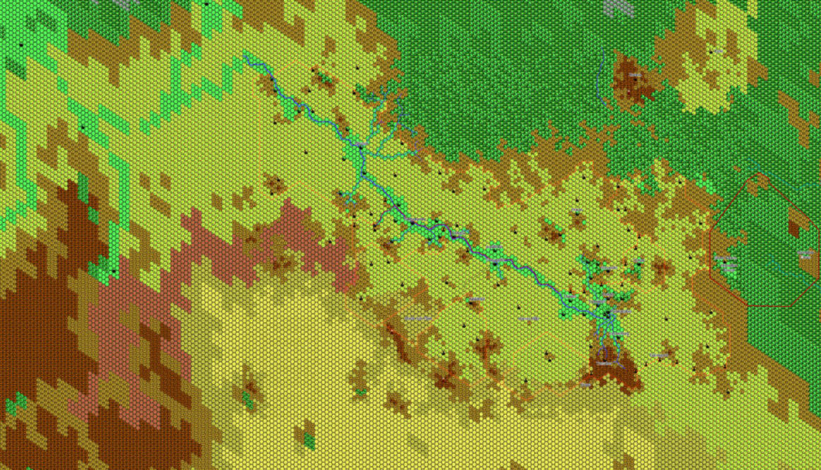Work in progress map of the Polakatsikes Region 1019 AC, 8 miles per hex by Thibault Sarlat, May 2004