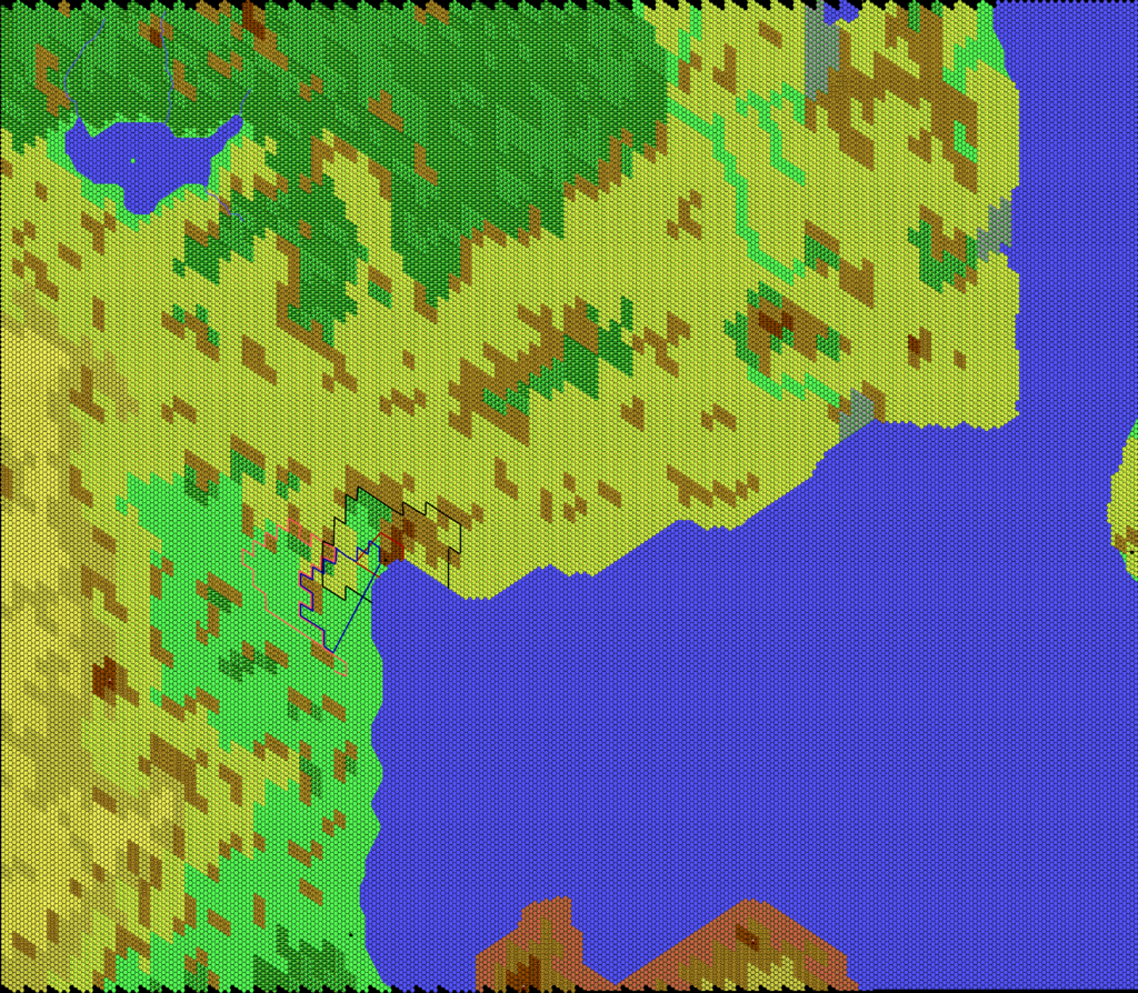 Work-in-progress map of Vanya’s Rest Region with borders marked up, 8 miles per hex by Thibault Sarlat, February 2003