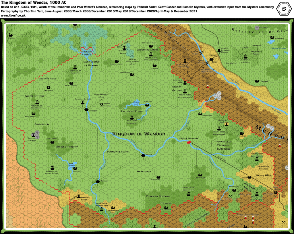 Updated map of the Kingdom of Wendar, 8 miles per hex