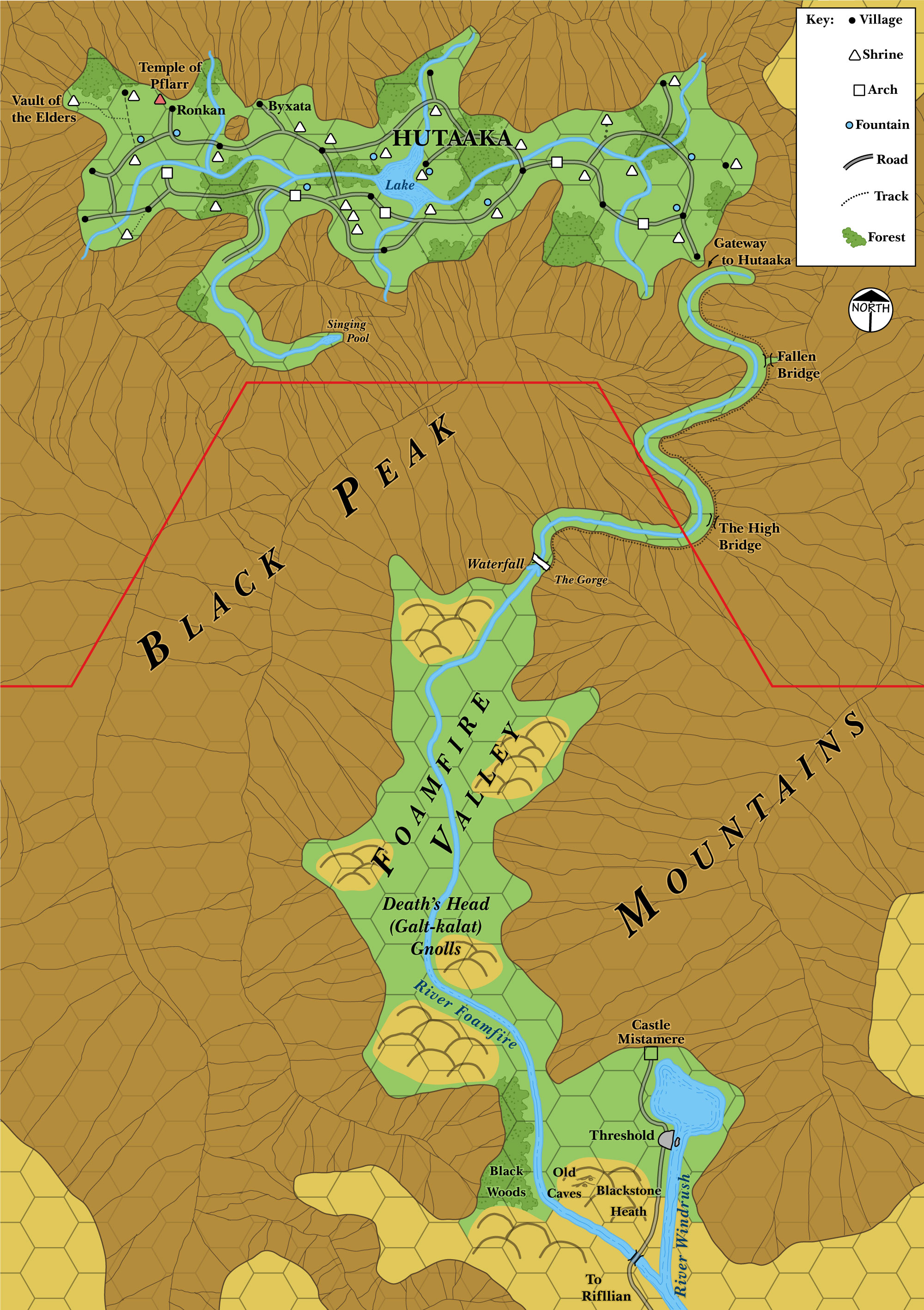 Foamfire Valley and the Lost Valley of Hutaaka, 2 miles per hex (1986)