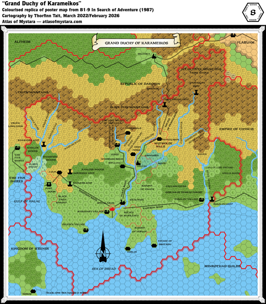 Colourised replica of B1-9 map of Karameikos, 8 miles per hex