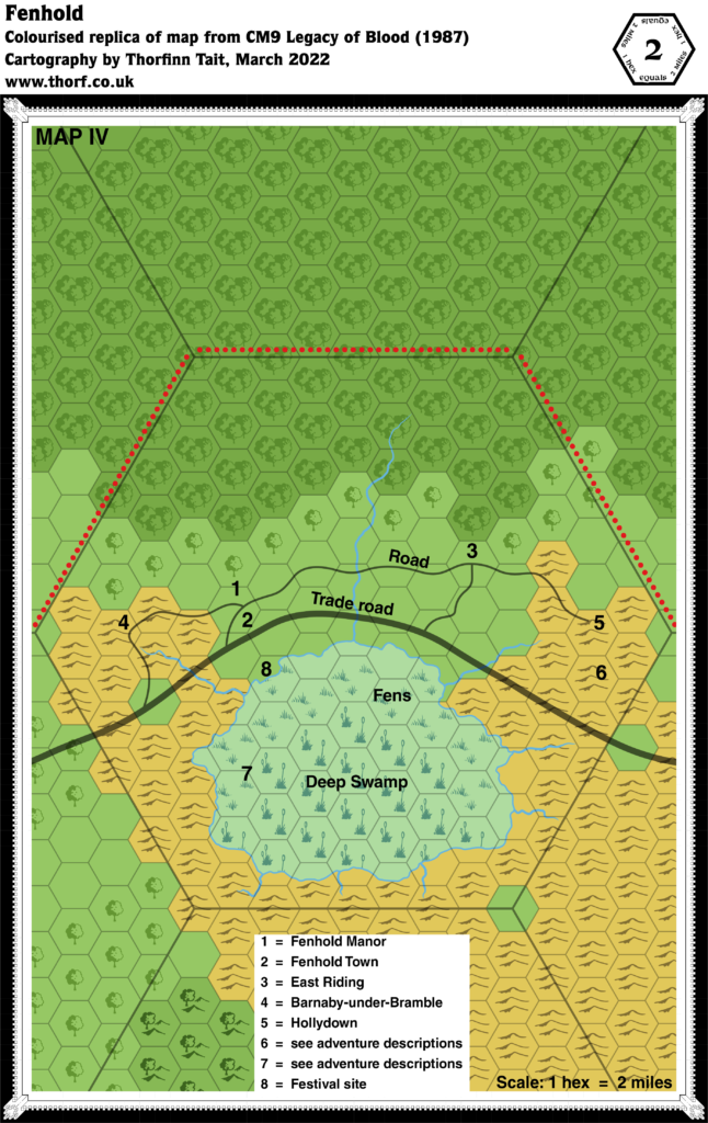 Colourised replica of CM9 map of Fenhold, 2 miles per hex