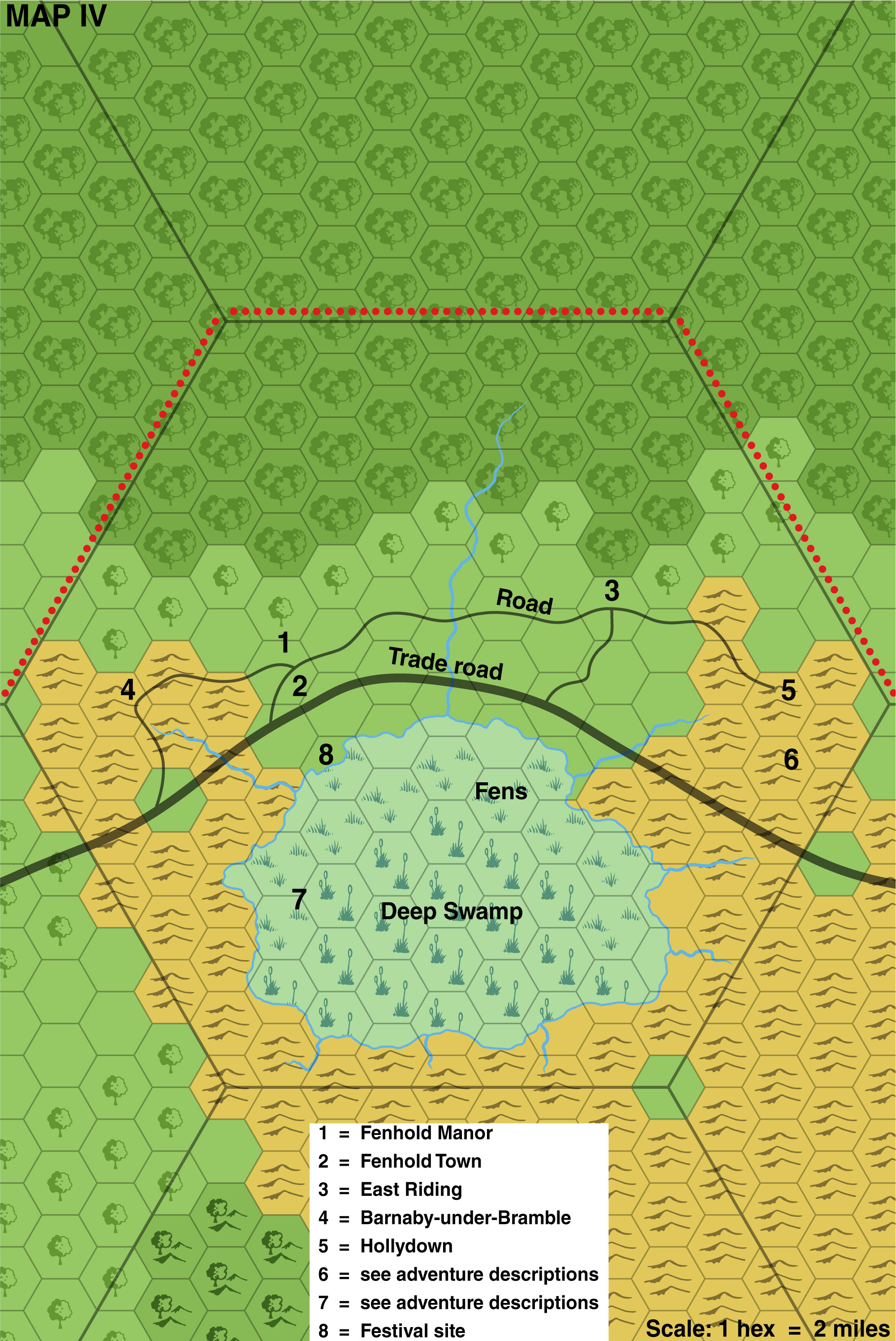 Colourised replica of CM9 map of Fenhold, 2 miles per hex