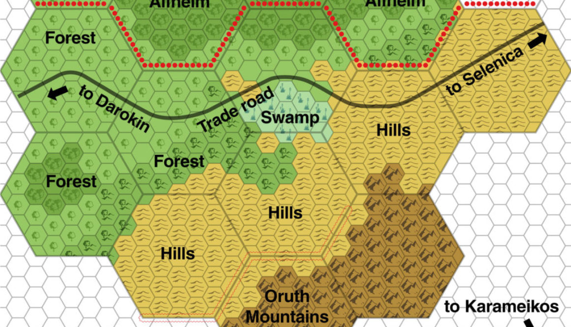 Colourised replica of CM9 map of the Fenhold Area, 4 miles per hex