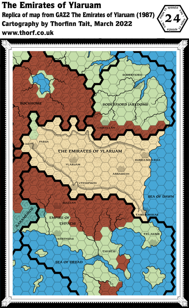 Replica of GAZ2 map of Ylaruam, 24 miles per hex