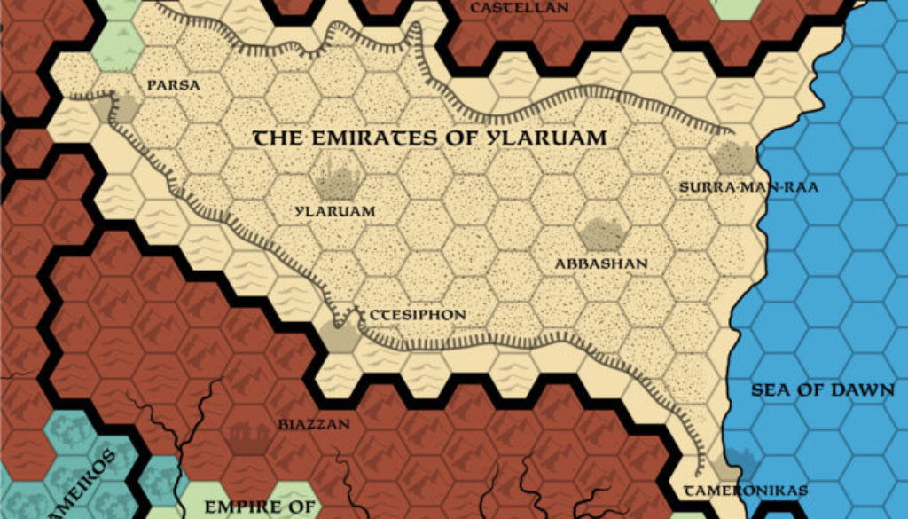 Replica of GAZ2 map of Ylaruam, 24 miles per hex