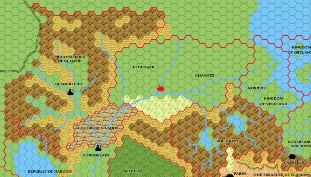 Replica of GAZ3 map of Glantri, 24 miles per hex