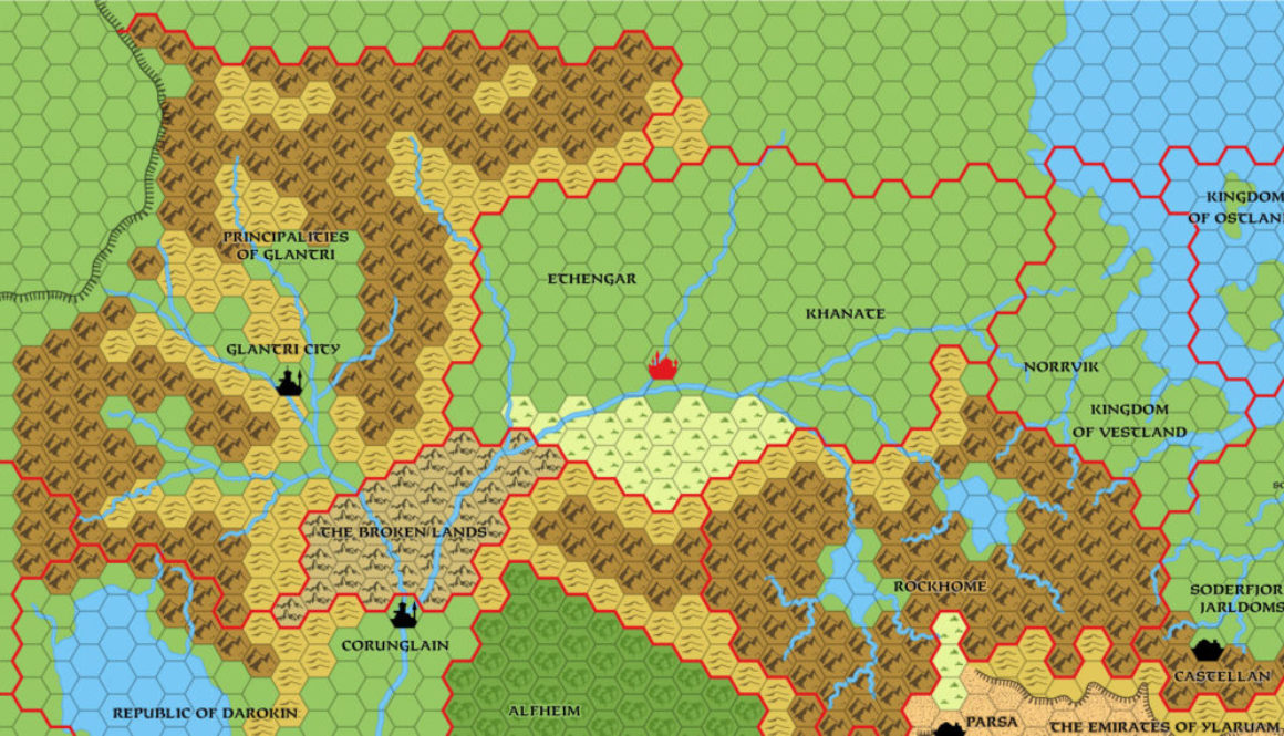 Replica of GAZ3 map of Glantri, 24 miles per hex