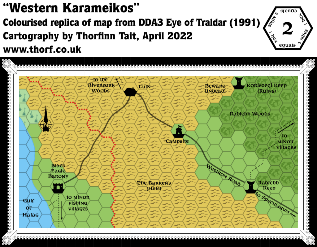 Colourised replica of DDA3’s map of Western Karameikos, 2 miles per hex