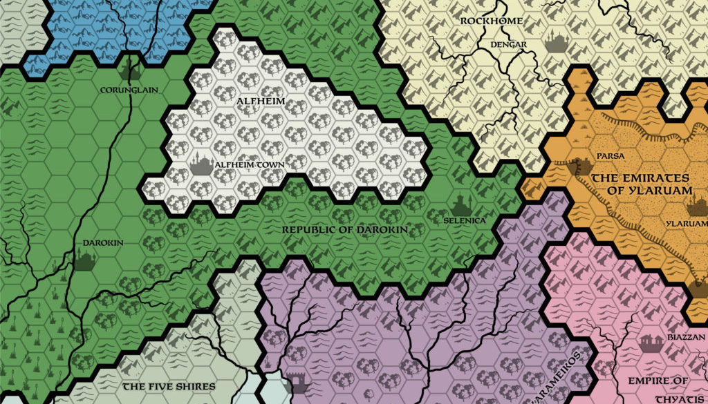 Replica of GAZ5 map of Alfheim, 24 miles per hex