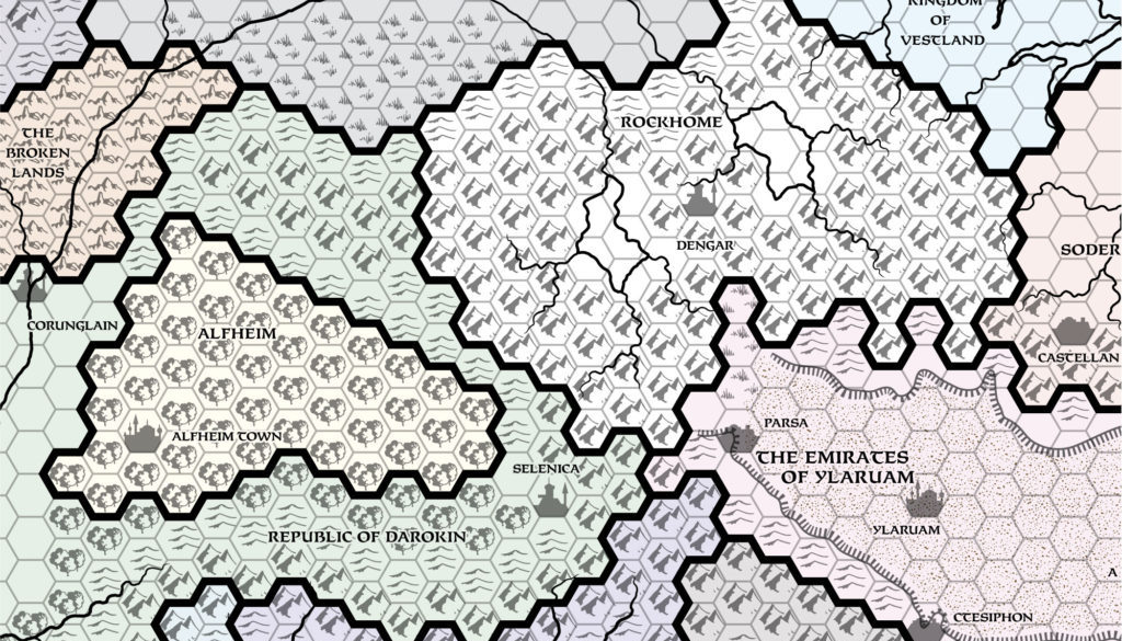 Replica of GAZ6 map of Rockhome, 24 miles per hex