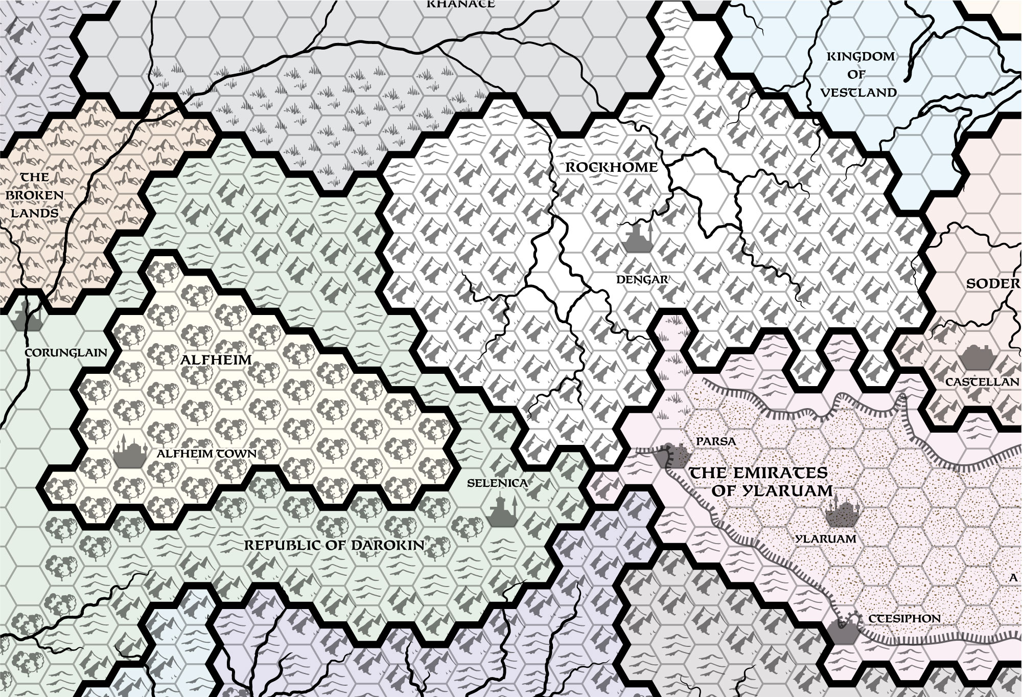 Replica of GAZ6 map of Rockhome, 24 miles per hex