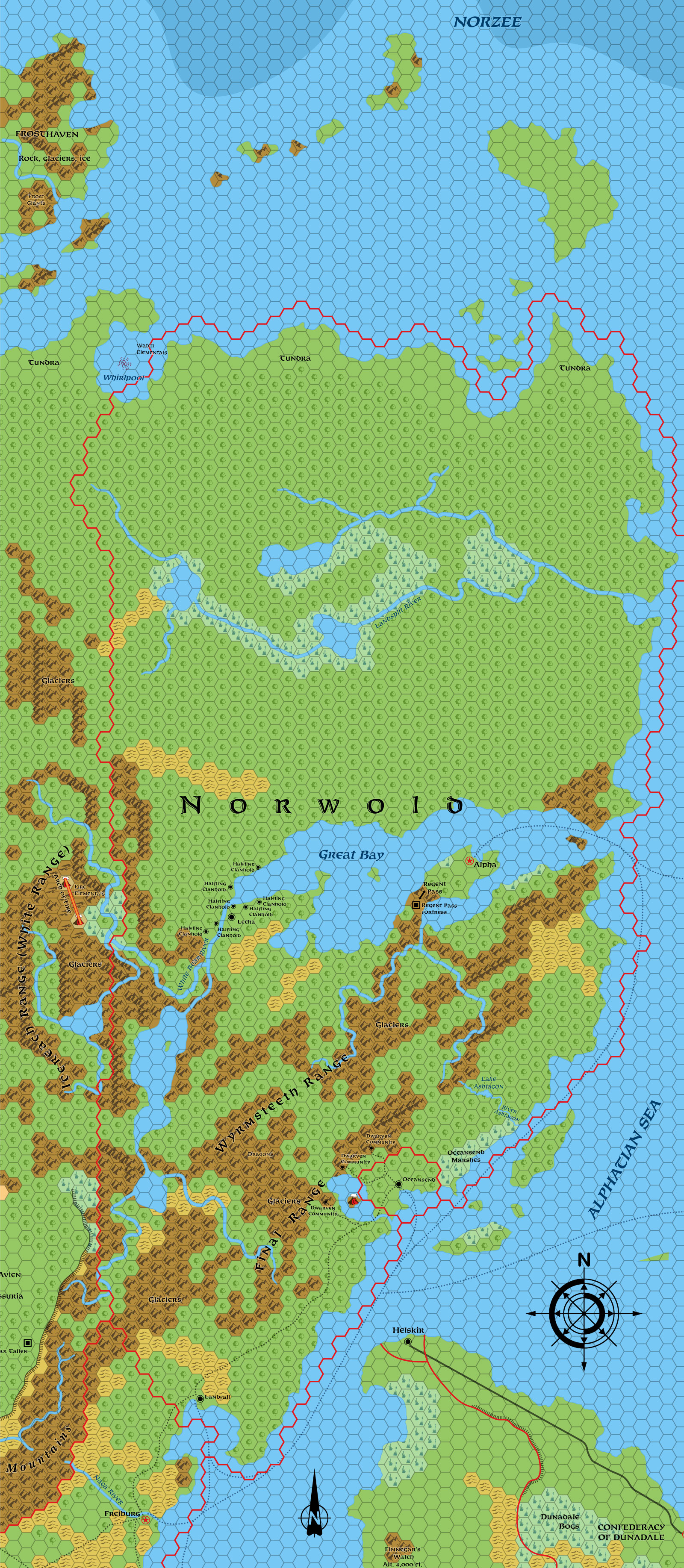 Norwold, 24 miles per hex, realigned to Brun hex grid (1987)