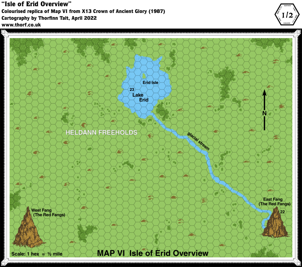 Replica of X13’s map of Southeastern Heldann, 0.5 miles per hex