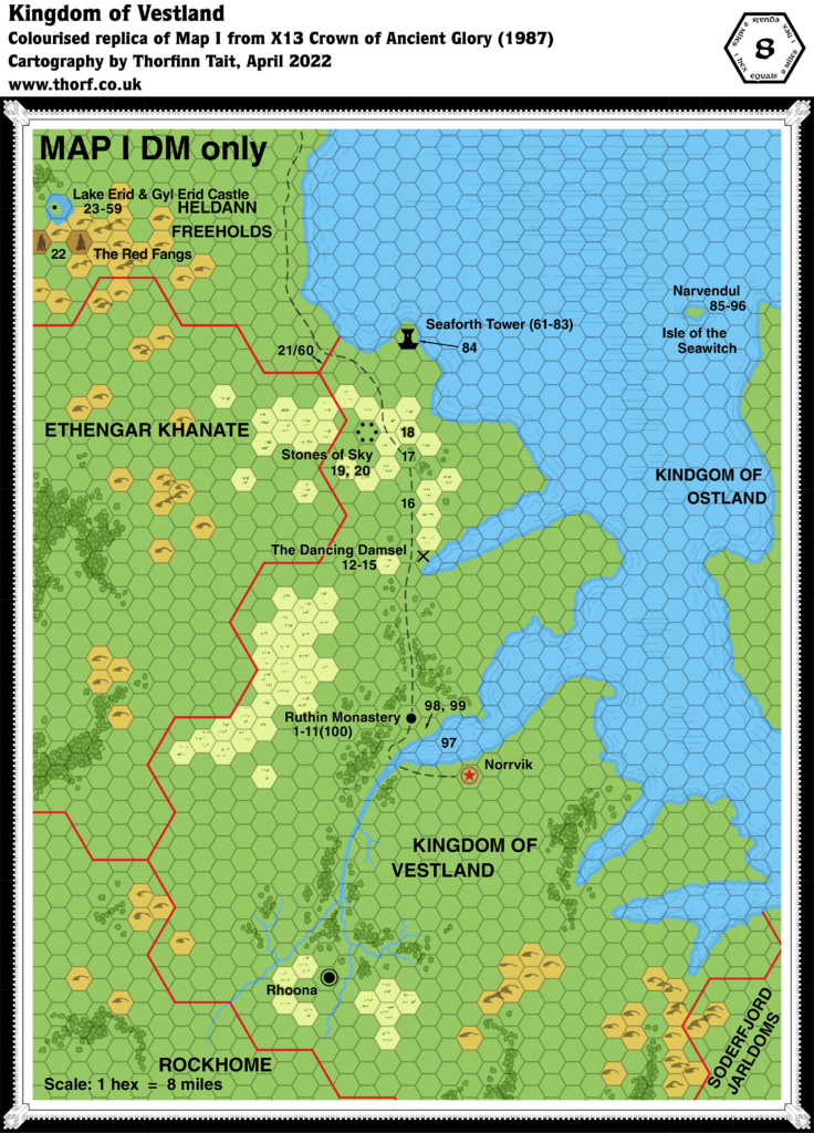 Replica of X13’s map of the Kingdom of Vestland, 8 miles per hex