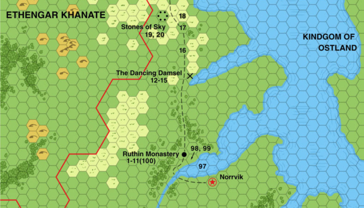 Replica of X13’s map of the Kingdom of Vestland, 8 miles per hex