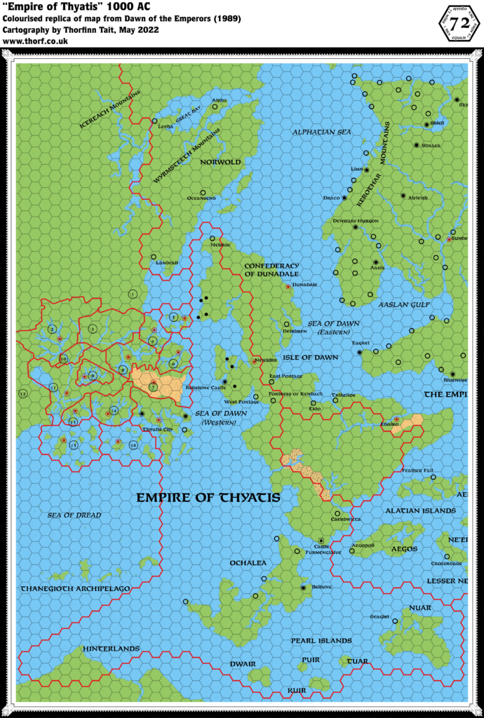 Colourised replica of Dawn of the Emperors’s overview map of the Empire of Thyatis, 72 miles per hex