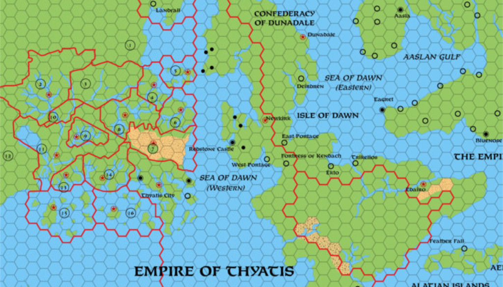 Colourised replica of Dawn of the Emperors’s overview map of the Empire of Thyatis, 72 miles per hex
