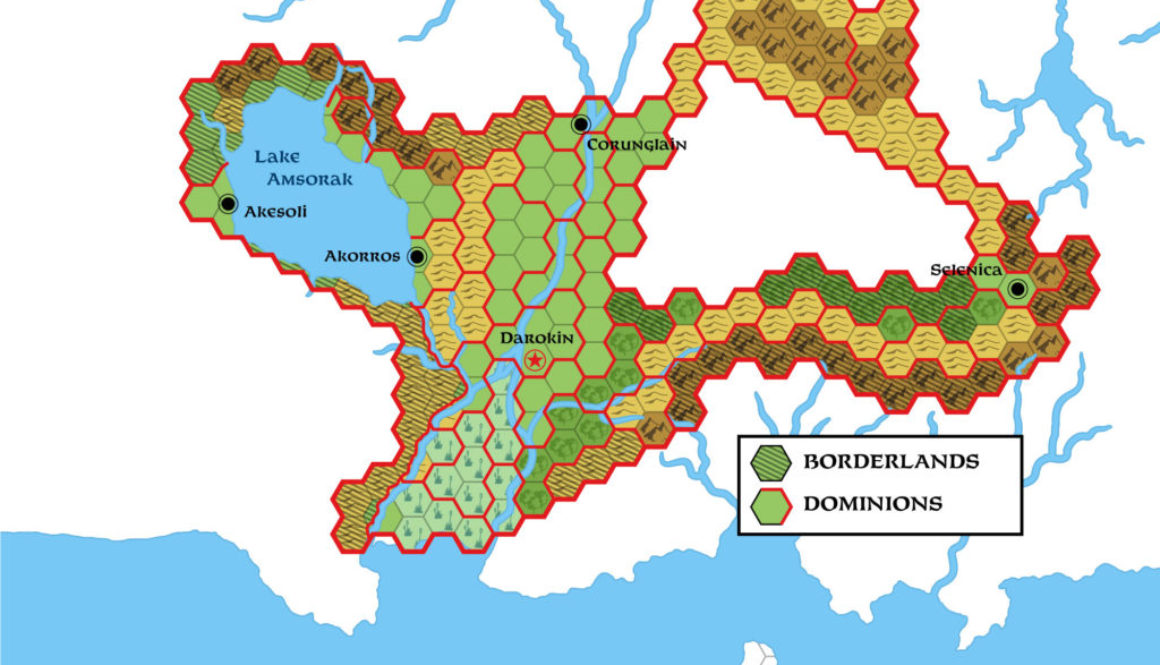 Colourised replica of GAZ11’s Darokin Borderlands map, 24 miles per hex