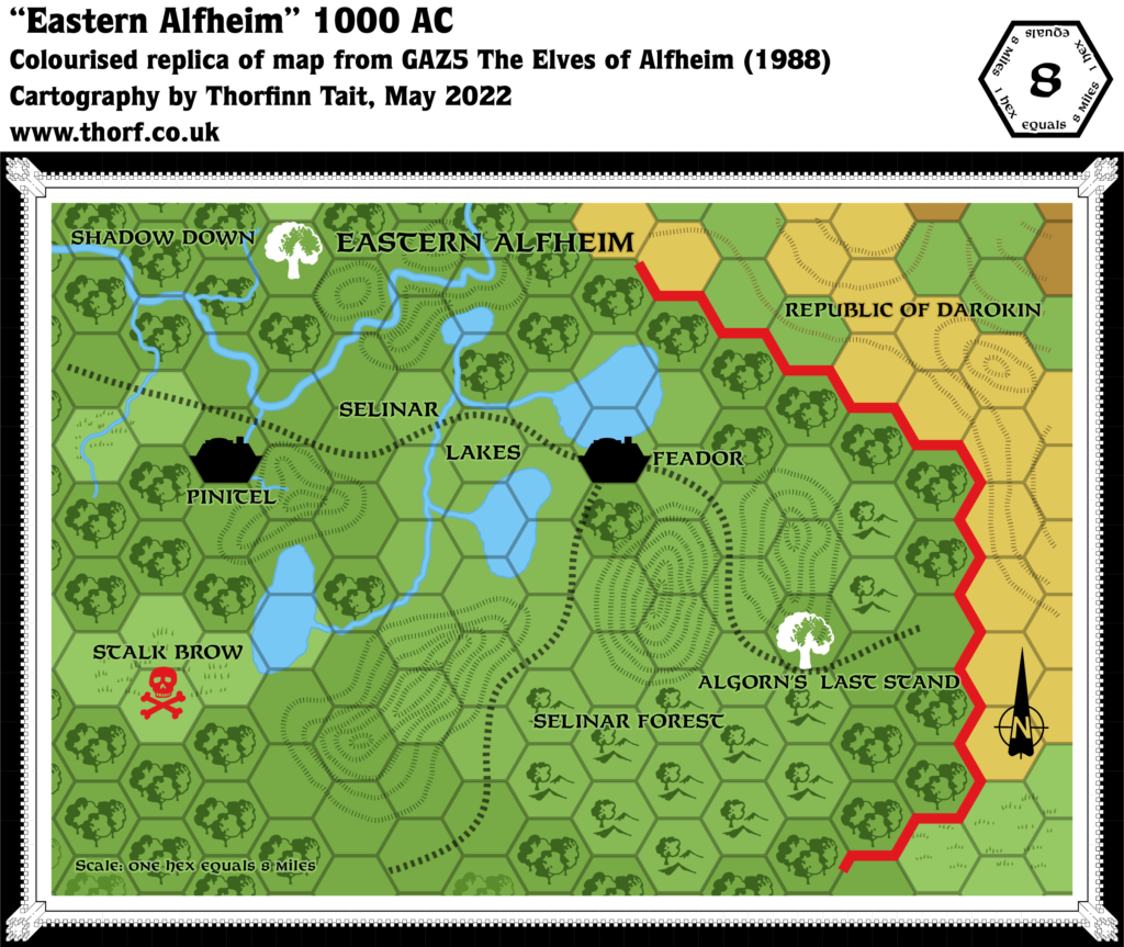 Replica of GAZ5’s map of Eastern Alfheim, 8 miles per hex