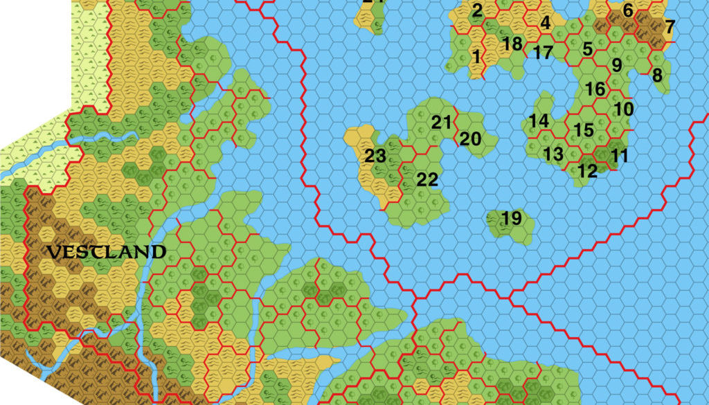Colourised replica of GAZ7’s overview map of Ostland, 8 miles per hex