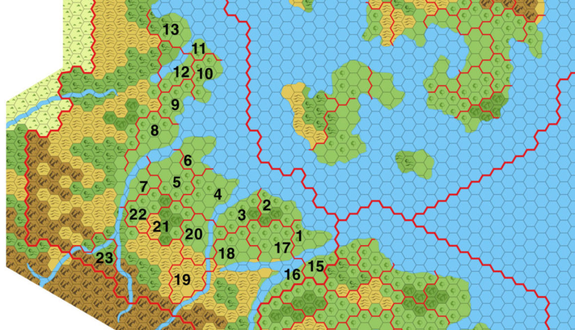 Colourised replica of GAZ7’s overview map of Vestland, 8 miles per hex