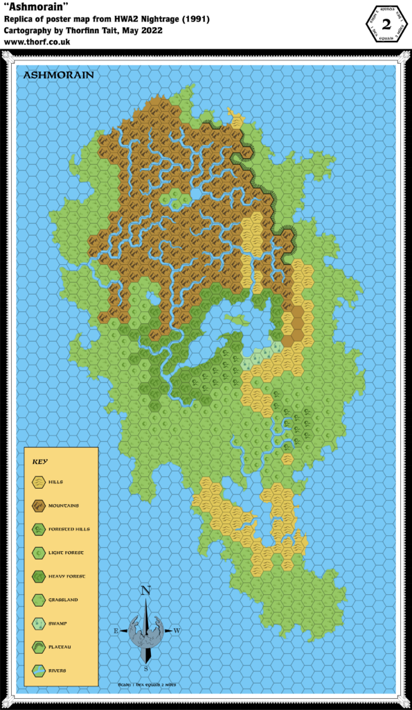 Replica of HWA2’s poster map of Ashmorain, 2 miles per hex