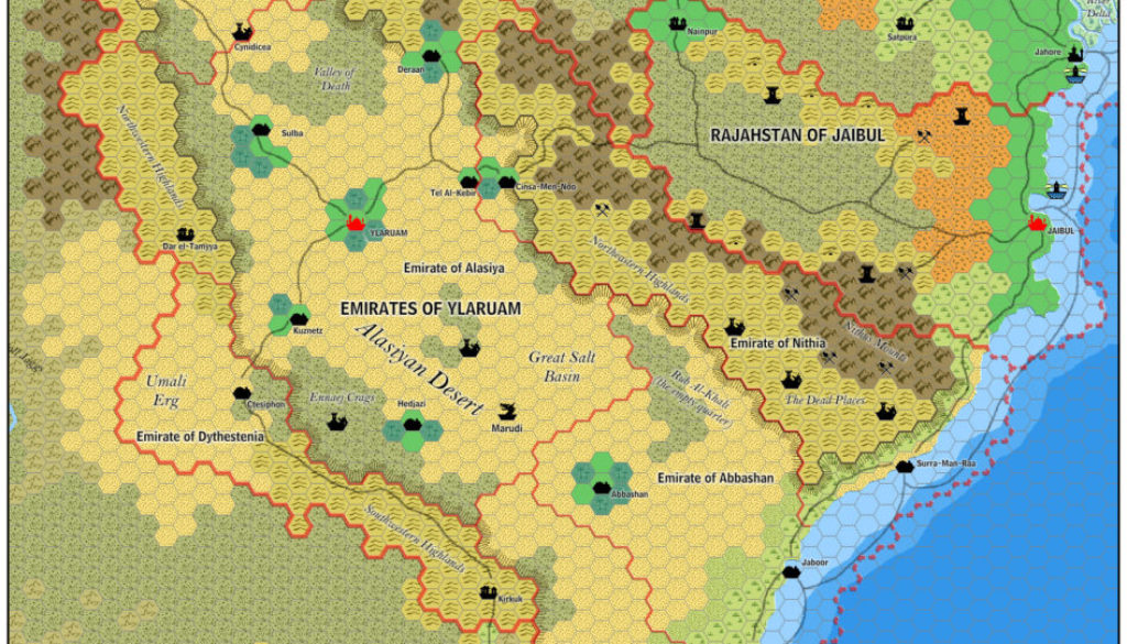 The Emirates of Ylaruam and the Rajahstan of Jaibul, 8 miles per hex by Jose Ignacio Ramos Lomelin, November 2015