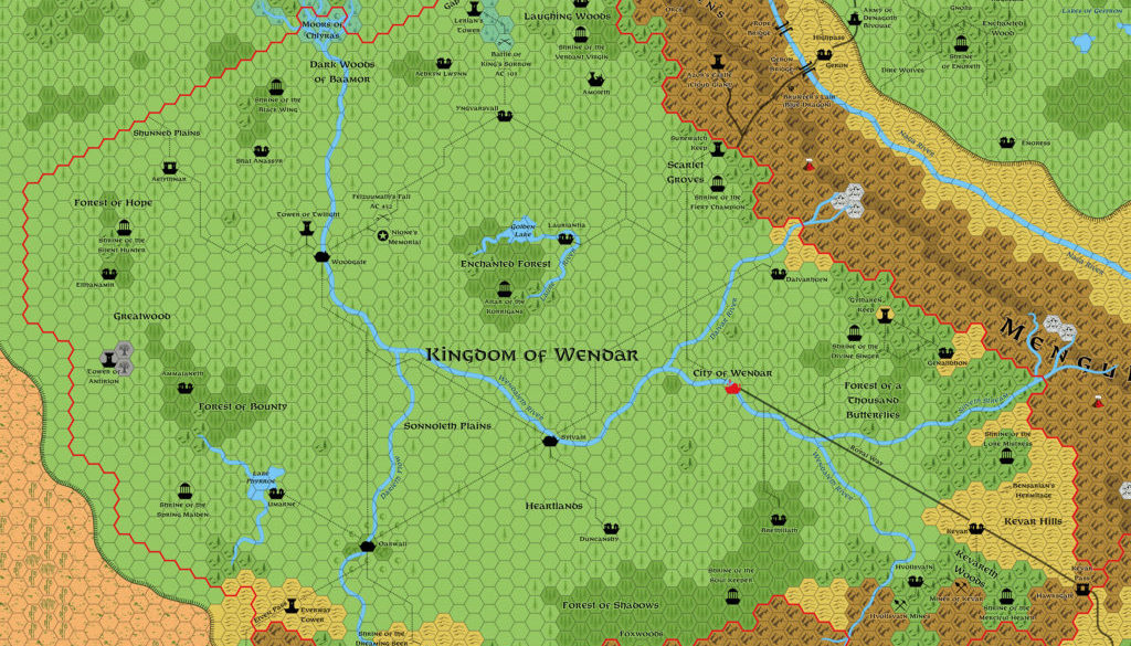 Updated map of the Kingdom of Wendar, 8 miles per hex