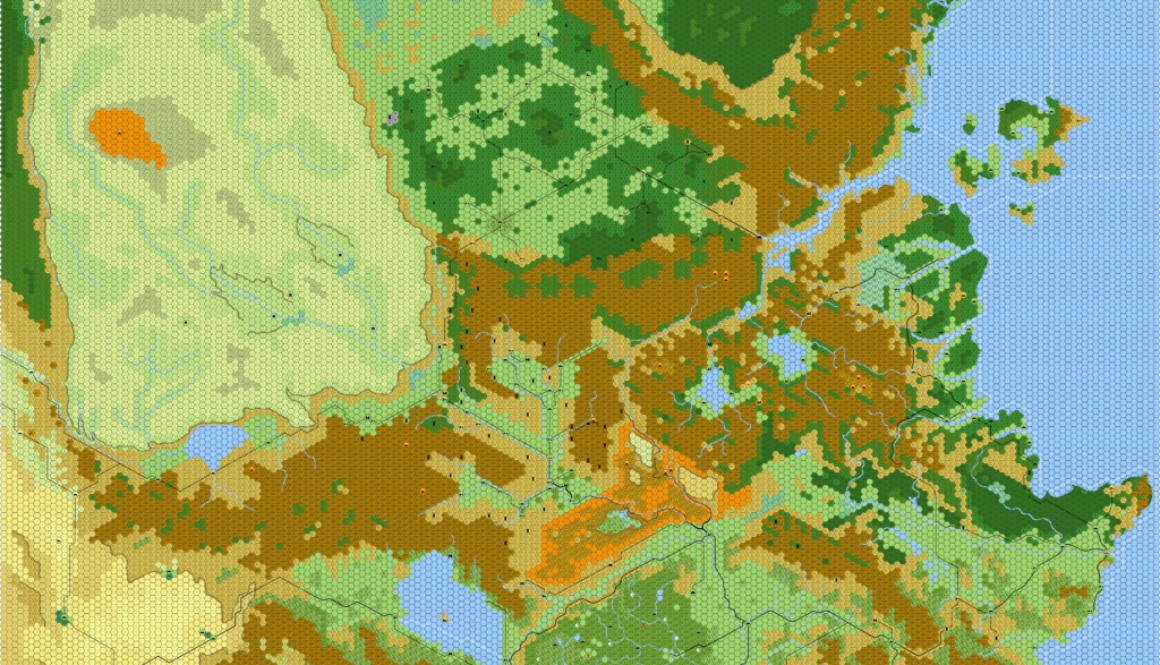 Known World North, 8 miles per hex by Eric Anondson, May 2014