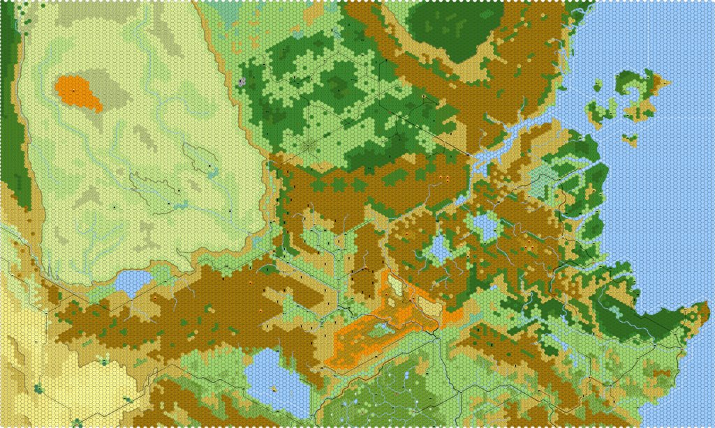 Known World North, 8 miles per hex by Eric Anondson, May 2014