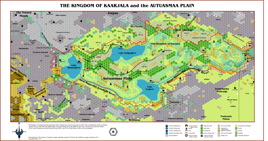 The Kingdom of Kaarjala and the Autuasmaa Plain, 8 miles per hex by JTR, July 2008