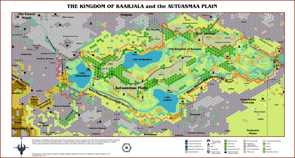 The Kingdom of Kaarjala and the Autuasmaa Plain, 8 miles per hex by JTR, July 2008
