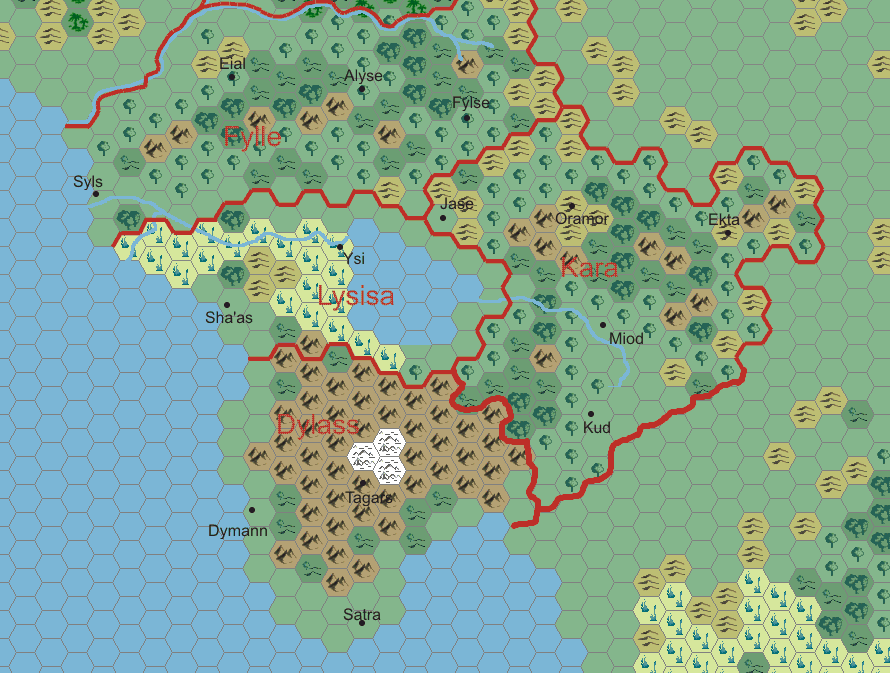 Work-in-progress map of Southern Pelatan, 24 miles per hex by Thibault Sarlat (with mark-up by Francesco Defferrari), March 2006