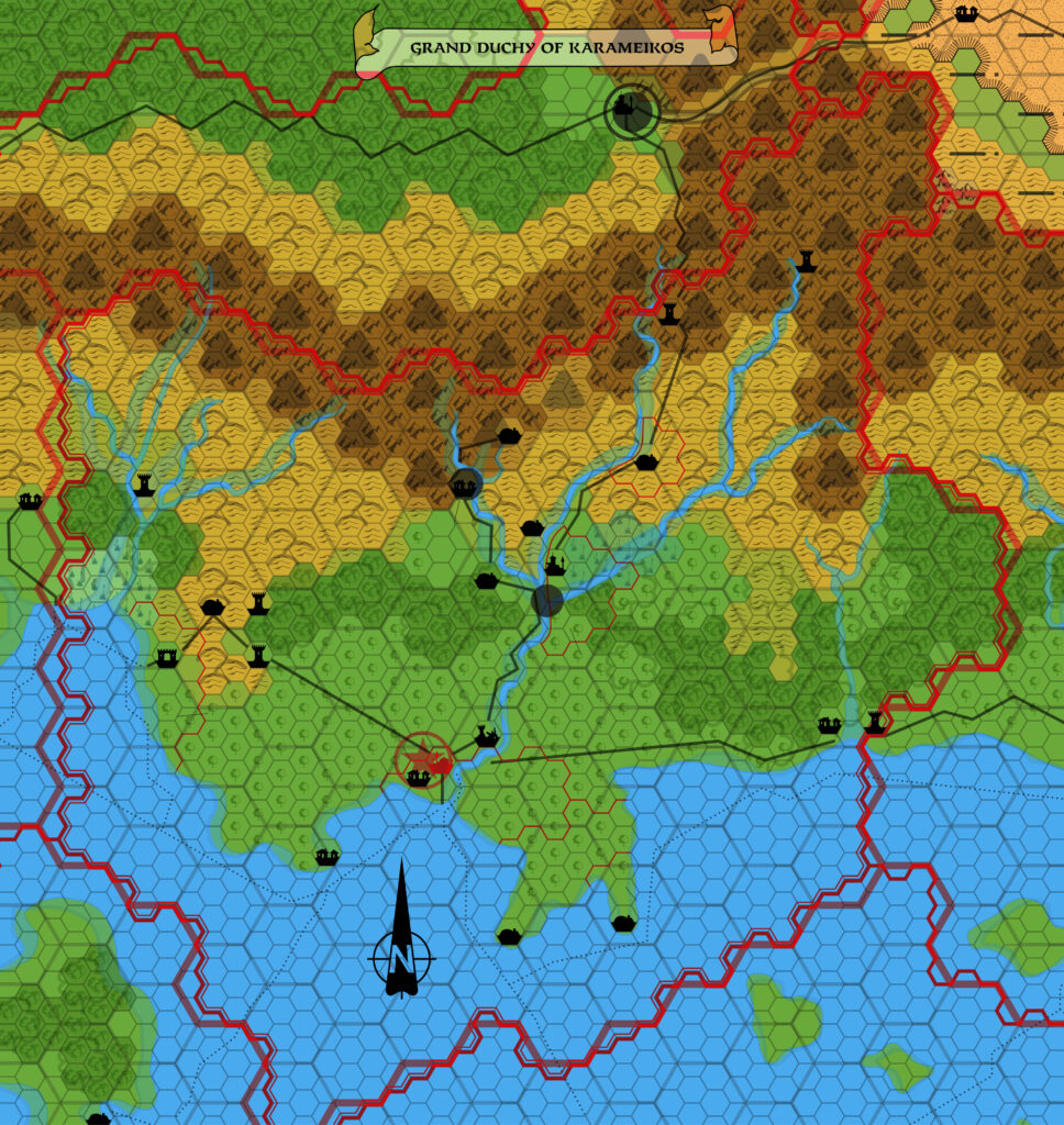 GAZ1 Karameikos, 8 miles per hex overlaid with X1’s Karameikos at 24 miles per hex, aligning the hex grid using the eastern border.