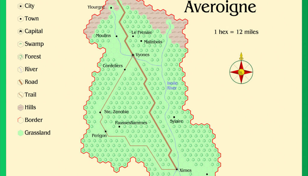 The Province of Averoigne, 12 miles per hex by Alan Derek Jones, September 2002, exported in high resolution by Thorfinn Tait, April 2025
