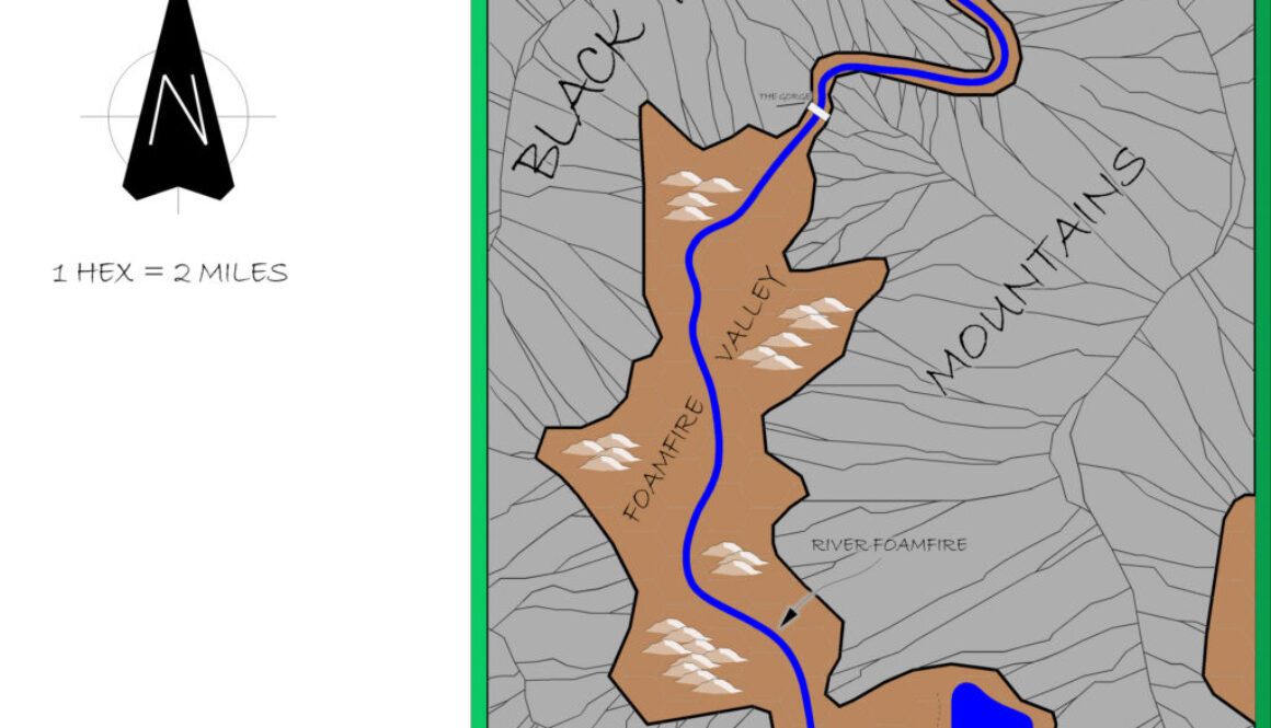 Foamfire Valley, 2 miles per hex by Alan Derek Jones, July 2001, exported in high resolution by Thorfinn Tait, April 2025