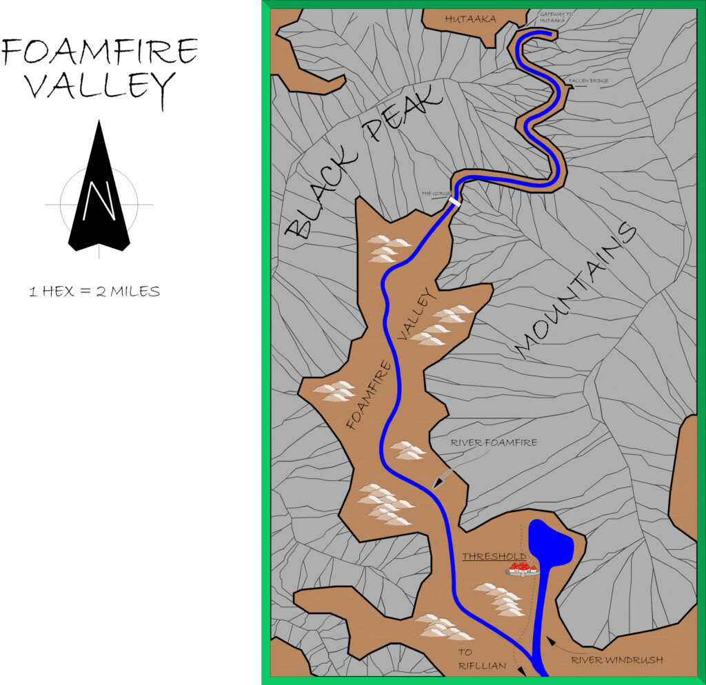 Foamfire Valley, 2 miles per hex by Alan Derek Jones, July 2001, exported in high resolution by Thorfinn Tait, April 2025