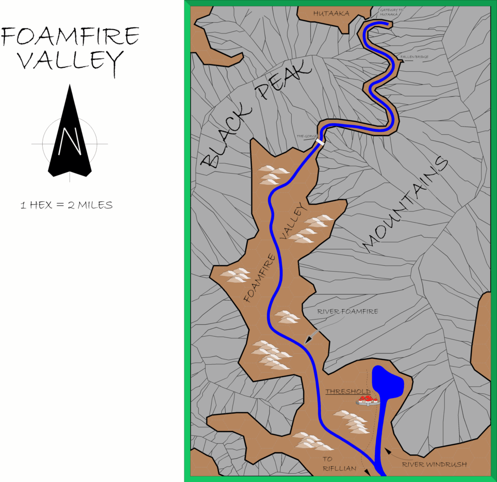 Foamfire Valley, 2 miles per hex by Alan Derek Jones, July 2001, exported in high resolution by Thorfinn Tait, April 2025