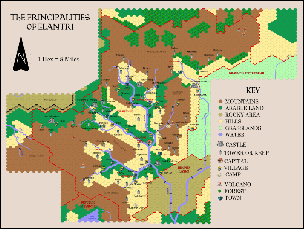 The Principalities of Glantri, 8 miles per hex by Alan Derek Jones, March 2002, exported in high resolution by Thorfinn Tait, April 2025