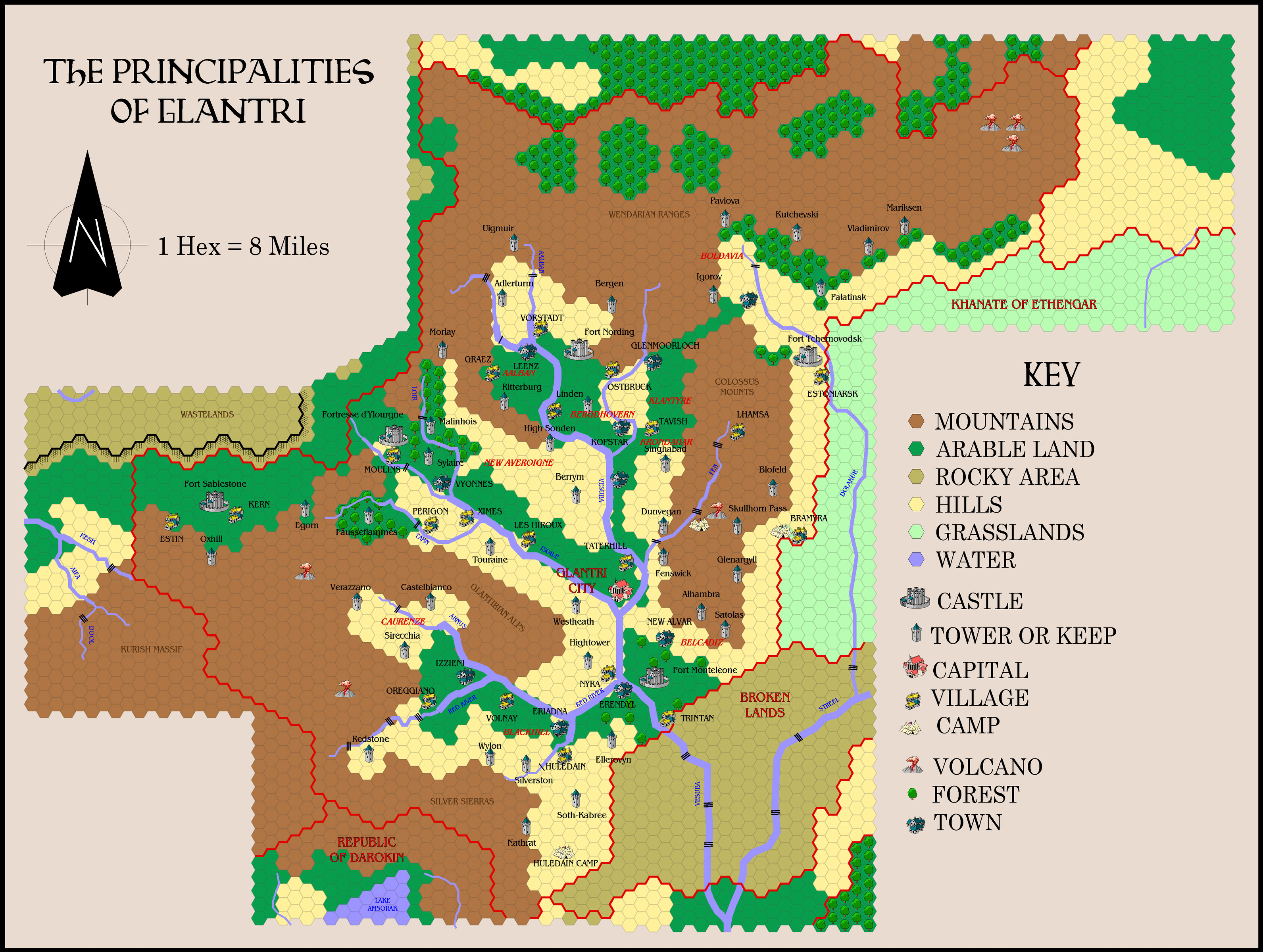 The Principalities of Glantri, 8 miles per hex by Alan Derek Jones, March 2002, exported in high resolution by Thorfinn Tait, April 2025