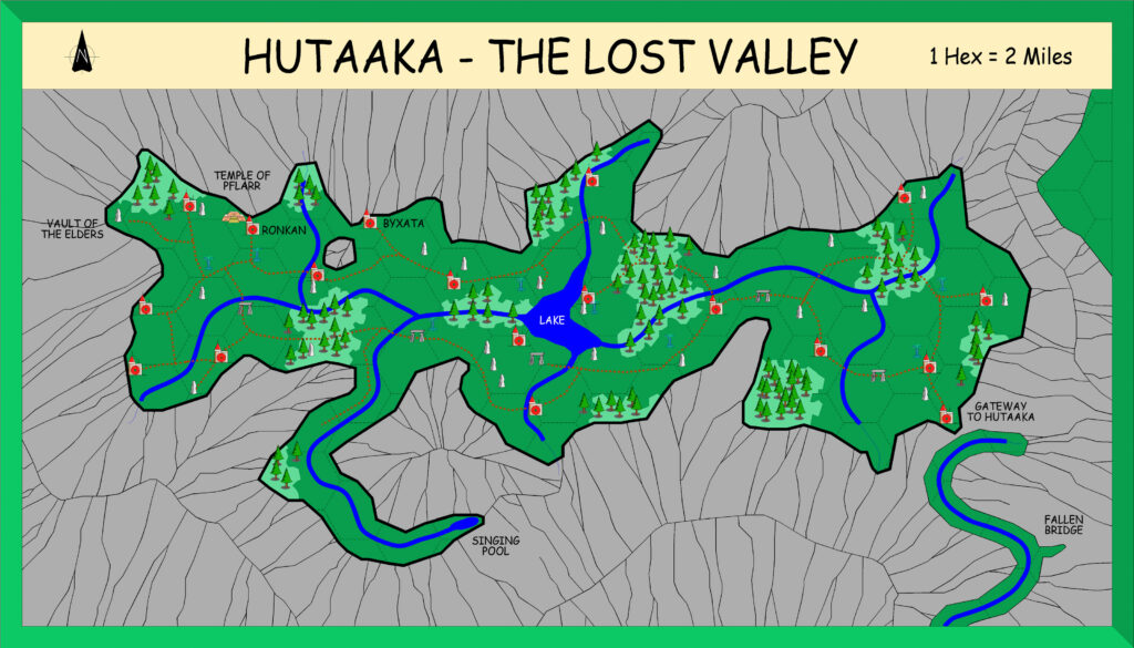 Hutaaka — the Lost Valley, 2 miles per hex by Alan Derek Jones, July 2001, exported in high resolution by Thorfinn Tait, April 2025