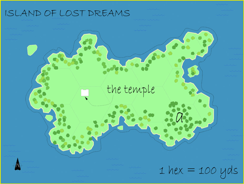 The Island of Lost Dreams, 100 yards per hex by Alan Derek Jones, June 2001, exported in high resolution by Thorfinn Tait, April 2025